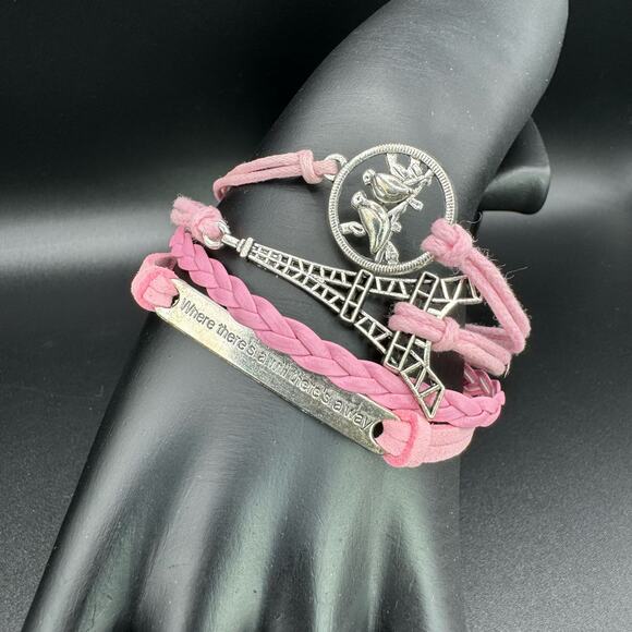 New Pink Braided Leather "Where There's A Will There's A Way" Bracelet - Picture 3 of 7